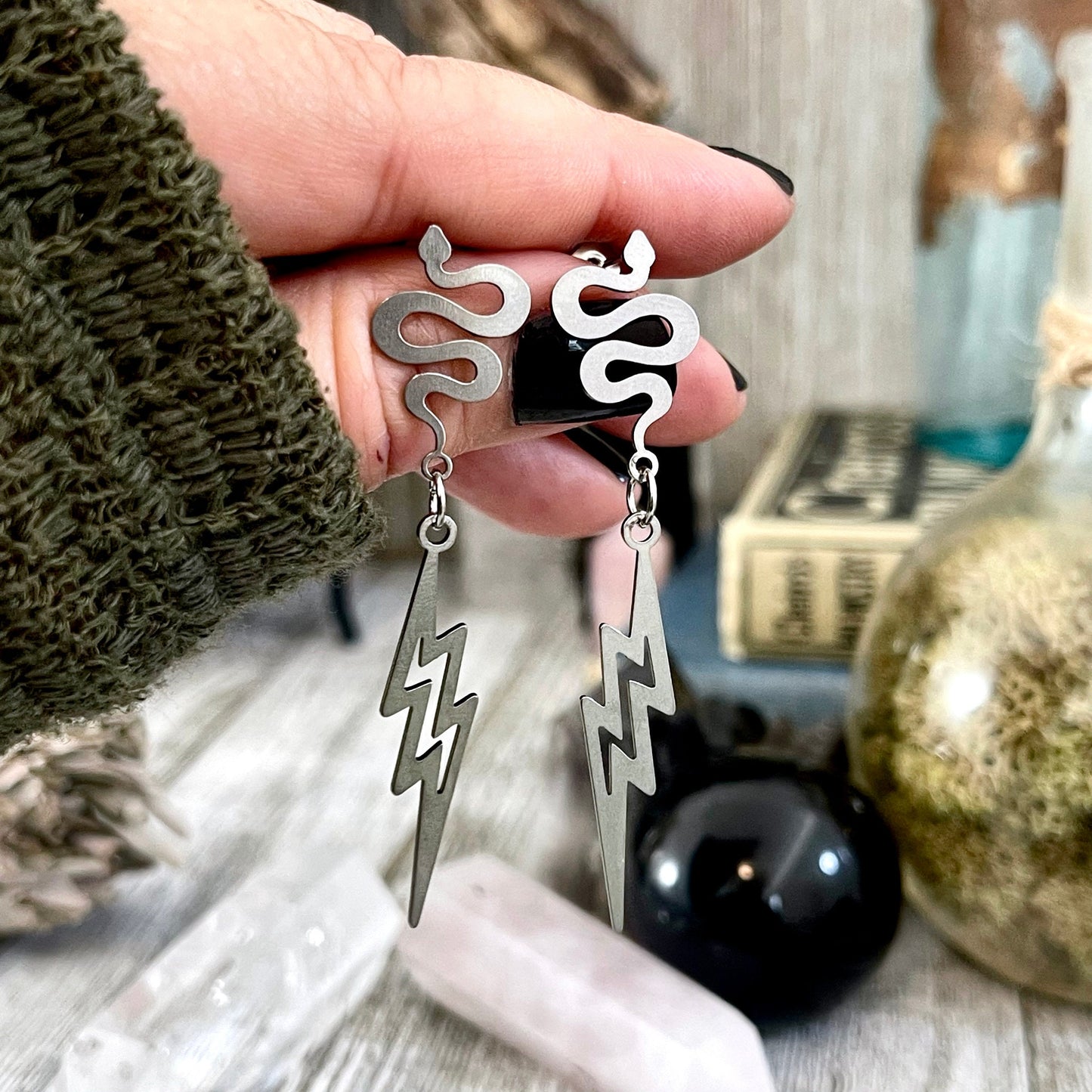 Snake and Lightning Bolt Stainless Steel Earrings / Snake Earrings - Long Dangly Geometric Earrings.