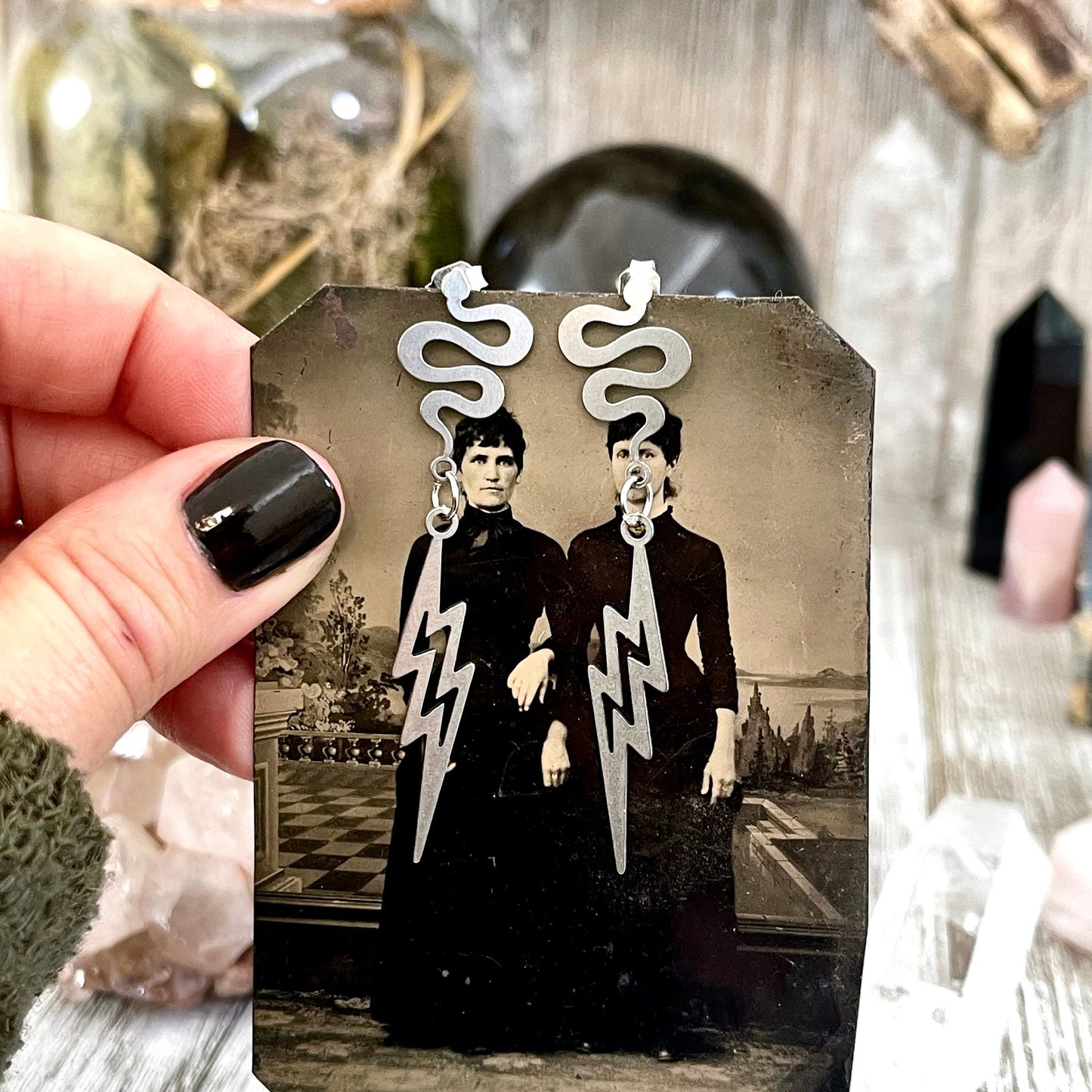 Snake and Lightning Bolt Stainless Steel Earrings / Snake Earrings - Long Dangly Geometric Earrings.