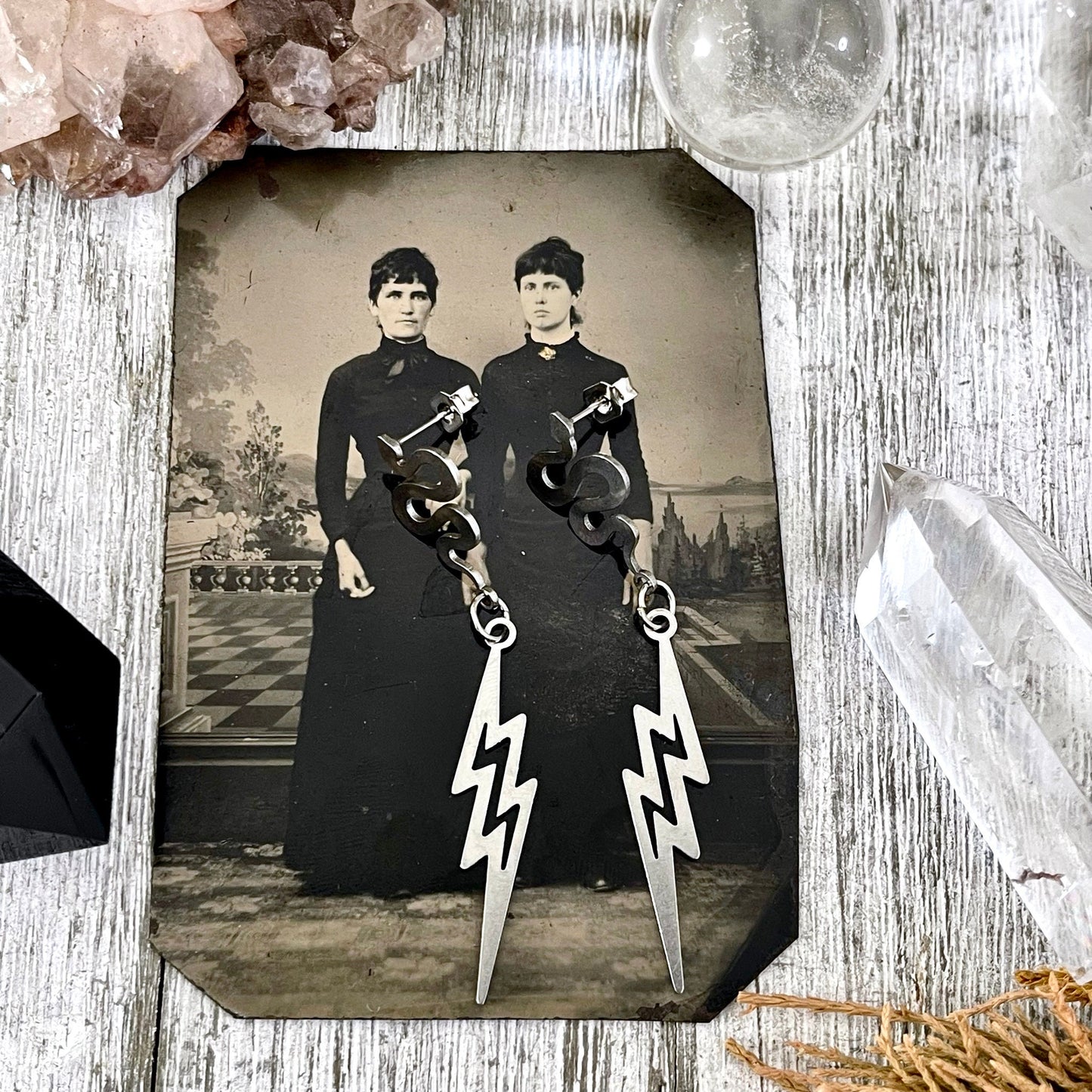 Snake and Lightning Bolt Stainless Steel Earrings / Snake Earrings - Long Dangly Geometric Earrings.