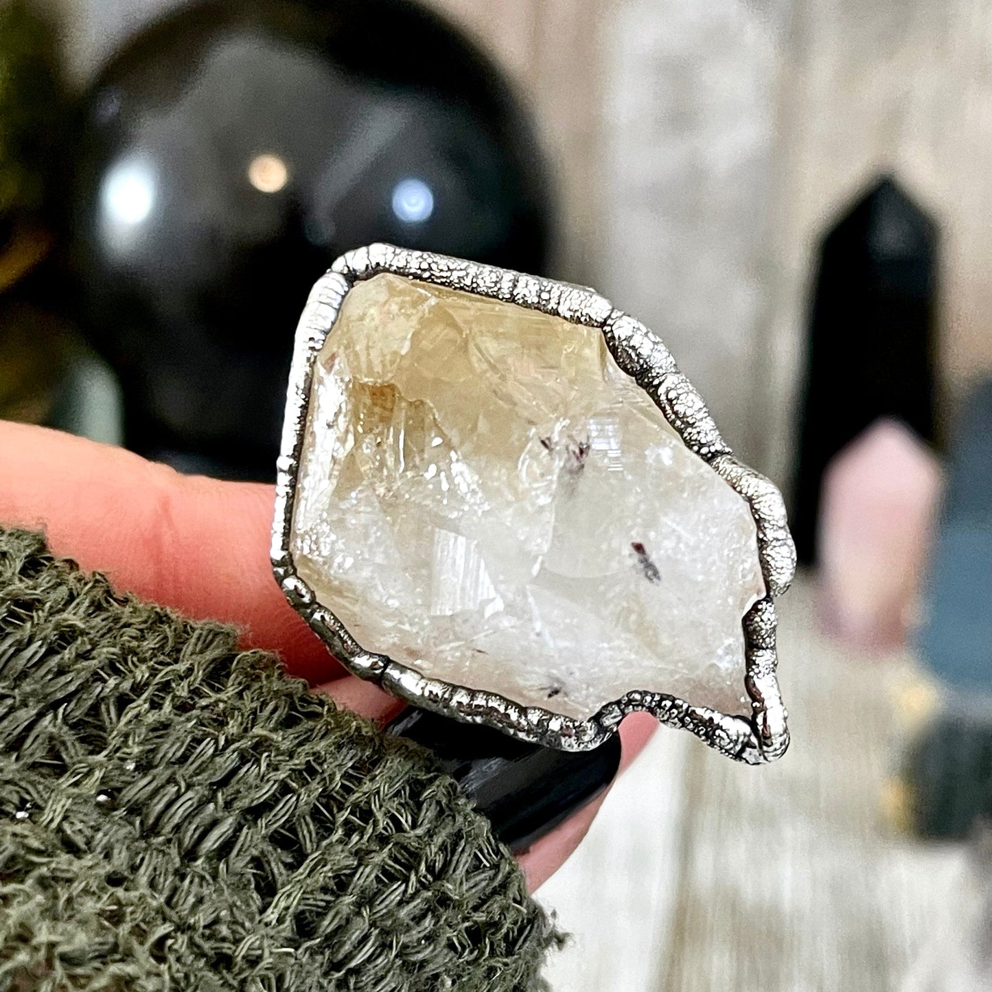 Size 8 Raw Citrine Crystal Point Ring Set in Fine Silver / Foxlark Collection - One of a Kind.