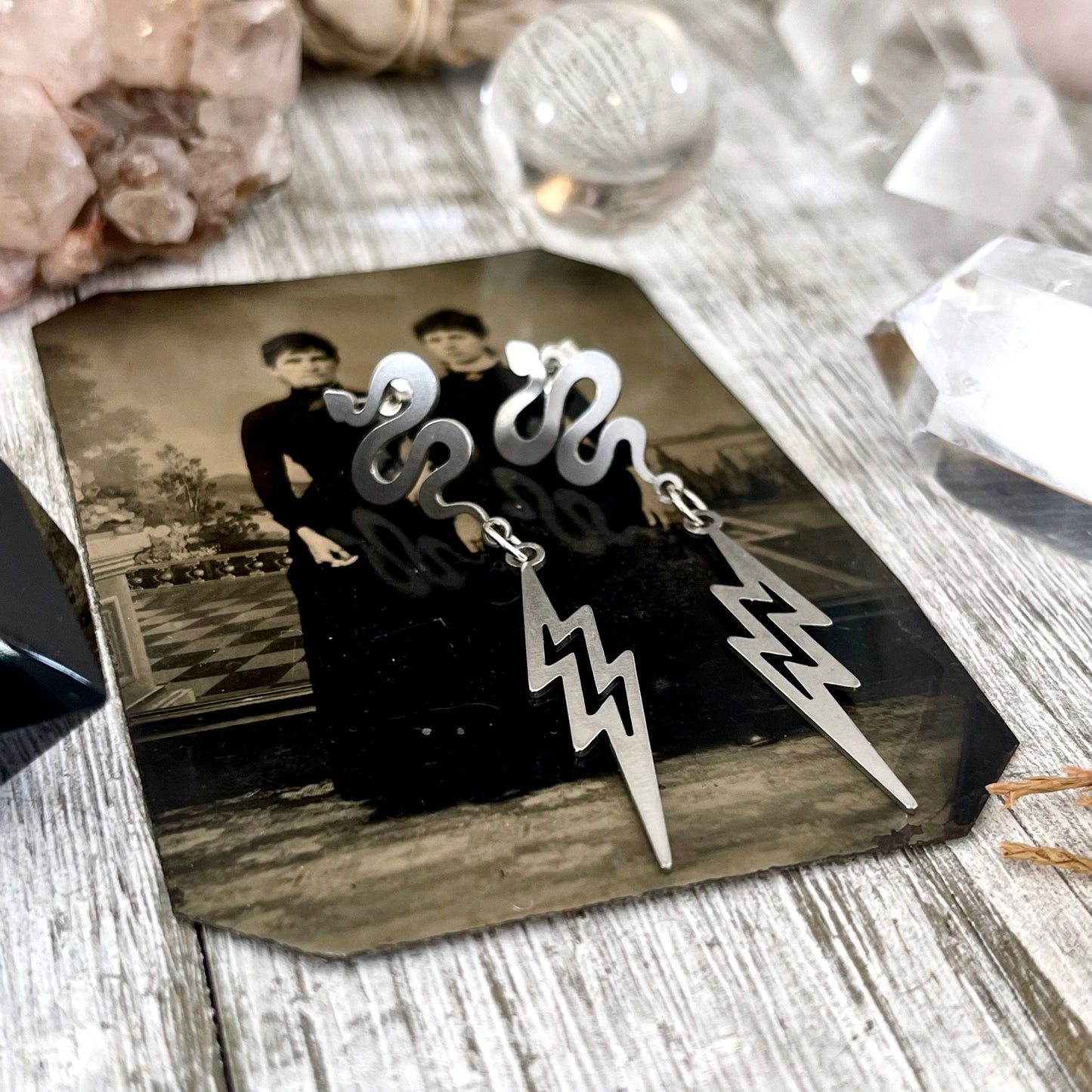 Snake and Lightning Bolt Stainless Steel Earrings / Snake Earrings - Long Dangly Geometric Earrings.