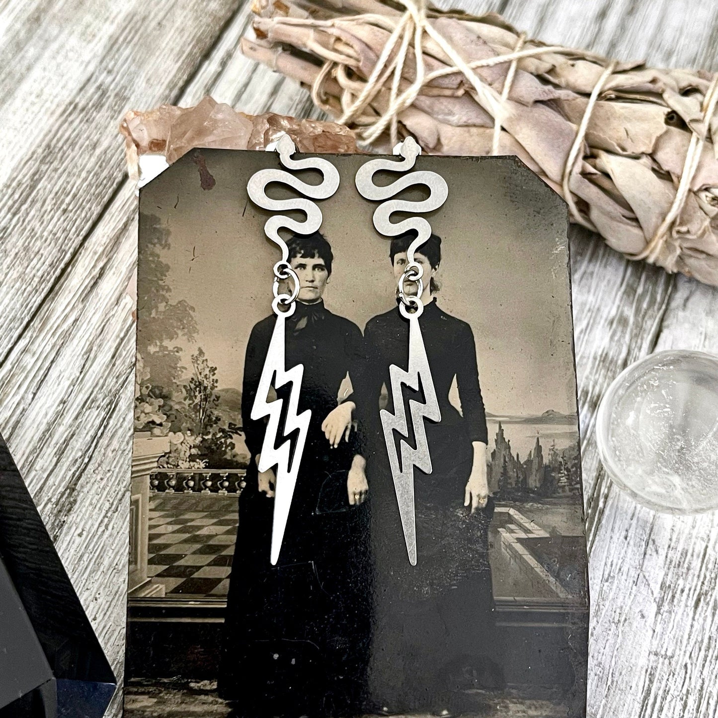 Snake and Lightning Bolt Stainless Steel Earrings / Snake Earrings - Long Dangly Geometric Earrings.