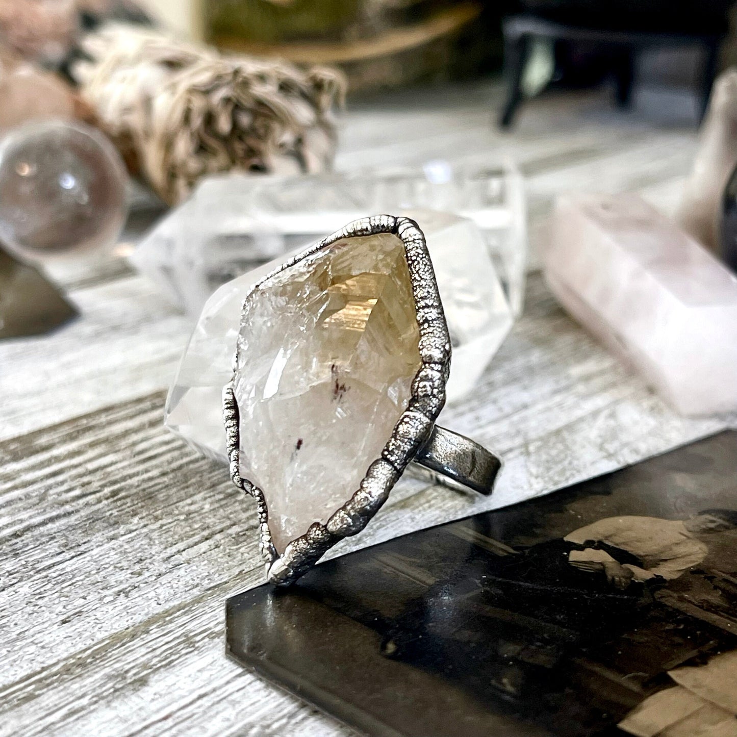 Size 8 Raw Citrine Crystal Point Ring Set in Fine Silver / Foxlark Collection - One of a Kind.
