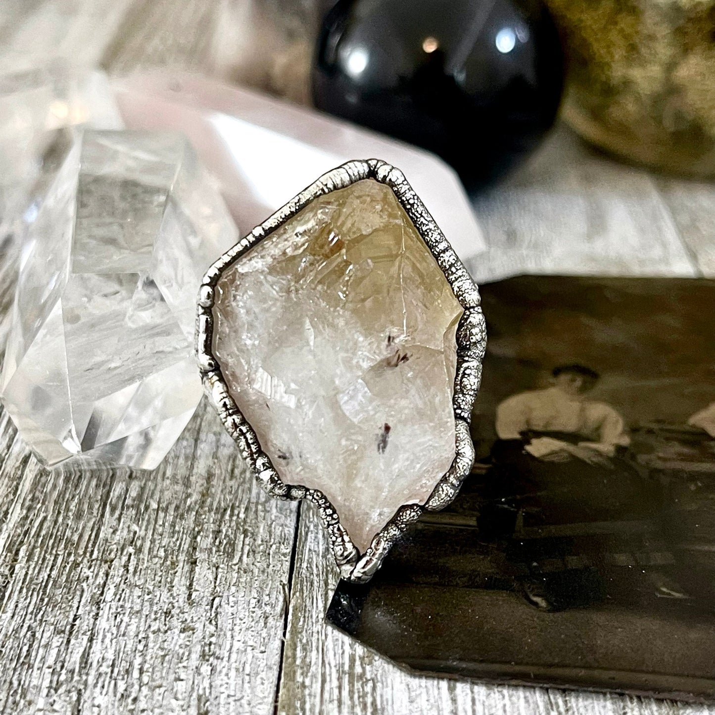 Size 8 Raw Citrine Crystal Point Ring Set in Fine Silver / Foxlark Collection - One of a Kind.