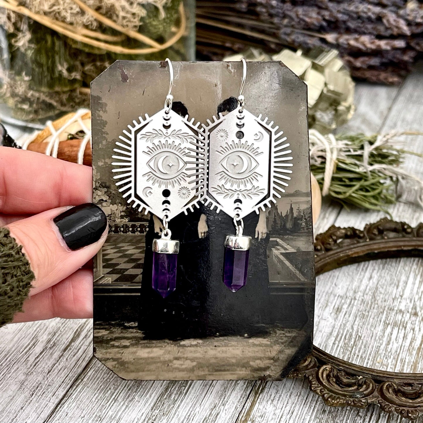 Evil Eye and Amethyst Earrings Sterling Silver & Stainless Steel Earrings /.