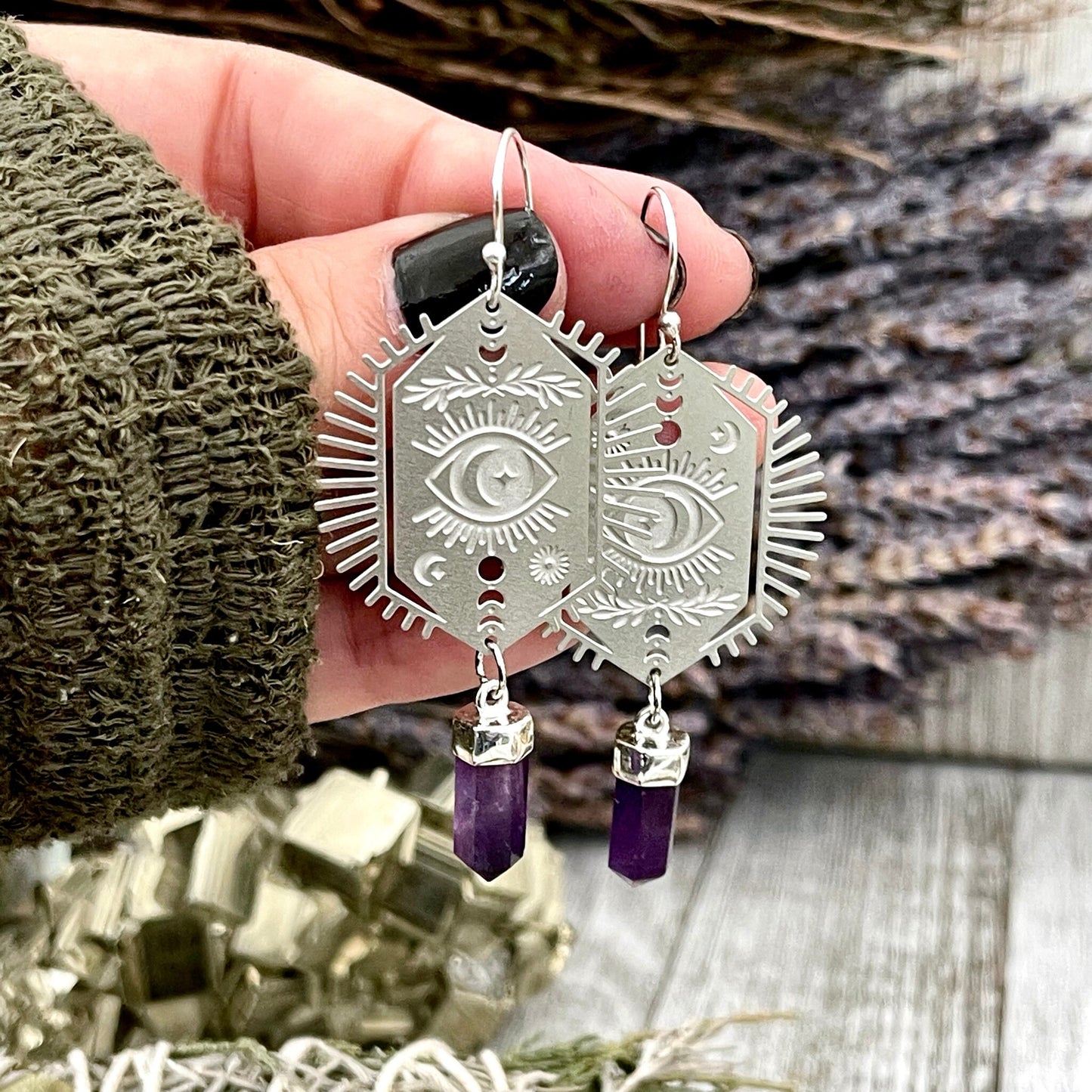 Evil Eye and Amethyst Earrings Sterling Silver & Stainless Steel Earrings /.