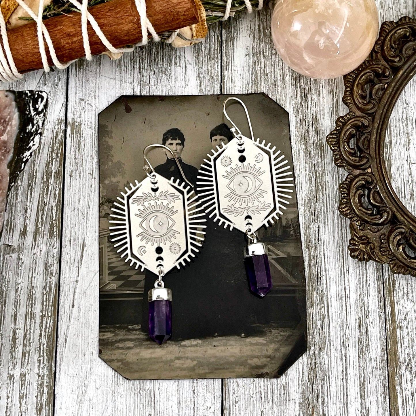 Evil Eye and Amethyst Earrings Sterling Silver & Stainless Steel Earrings /.