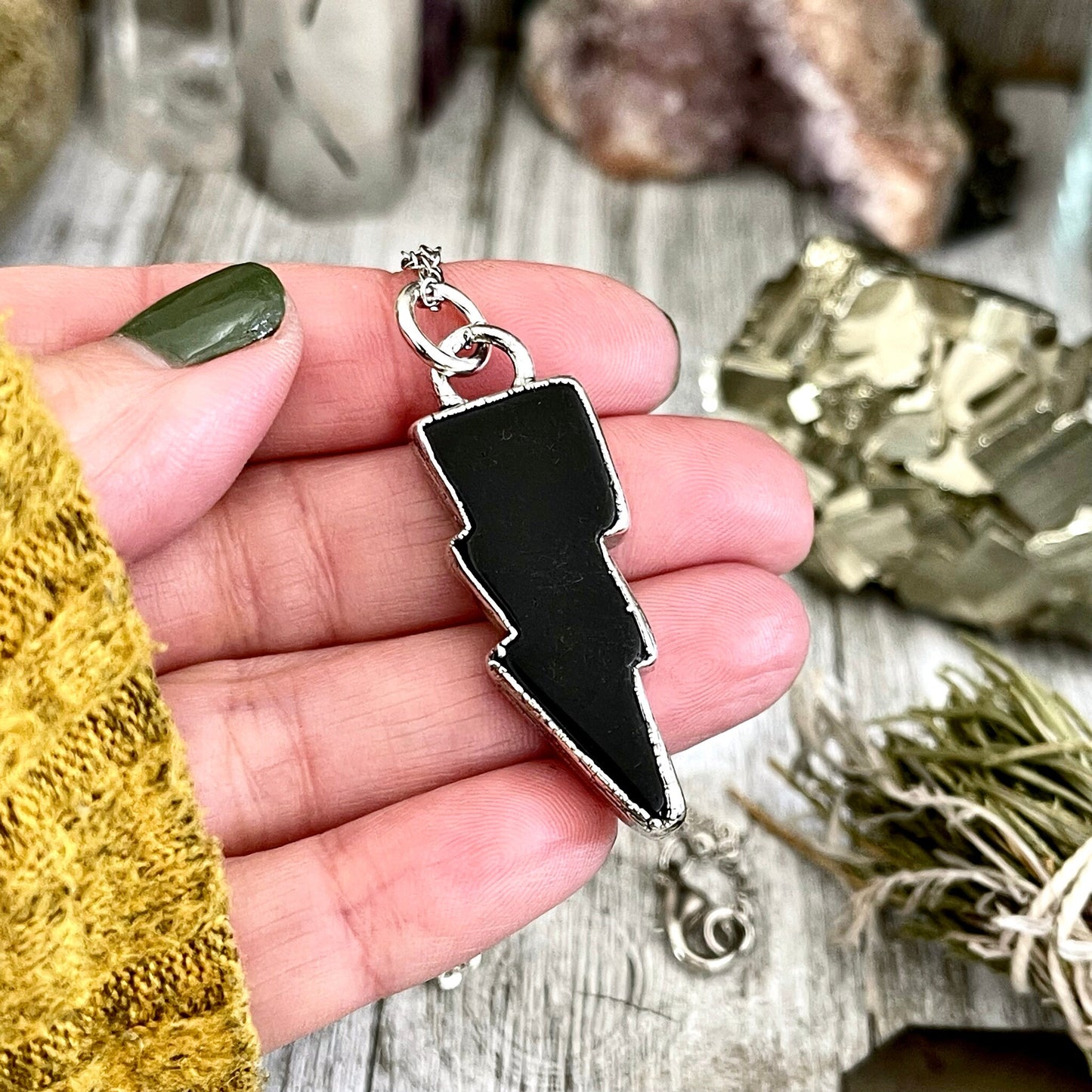 Black Onyx Necklace, Bohemian Jewelry, Bohemian Necklace, Crystal Jewelry, Crystal Necklace, Crystal Necklaces, Etsy ID: 1586973106, FOXLARK- NECKLACES, Gothic Jewelry, Gothic Necklace, Gothic Pendent, Jewelry, Lightning Bolt, Lightning Bolt Cab, Necklace