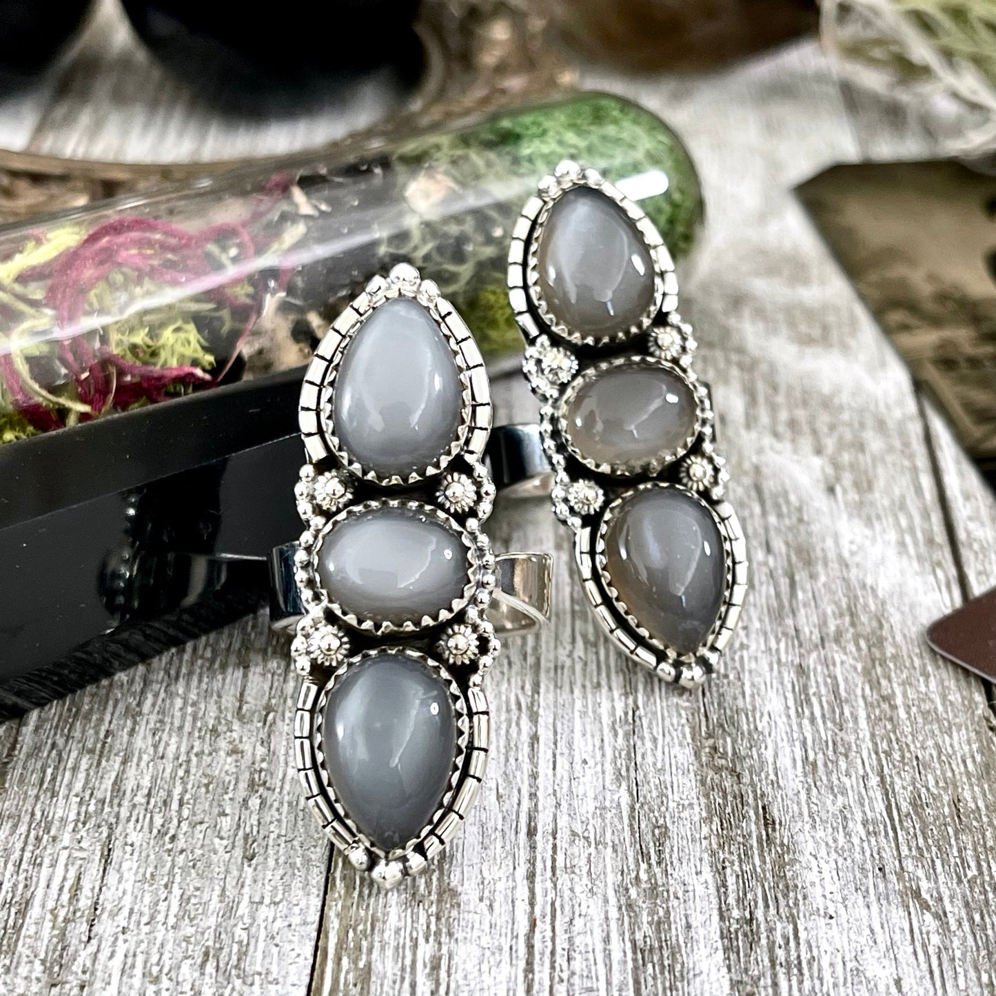 Three Stone Grey Moonstone Ring in Solid Sterling Silver- Designed by FOXLARK Collection Adjustable to Size 6 7 8 9 / Gothic Jewelry.