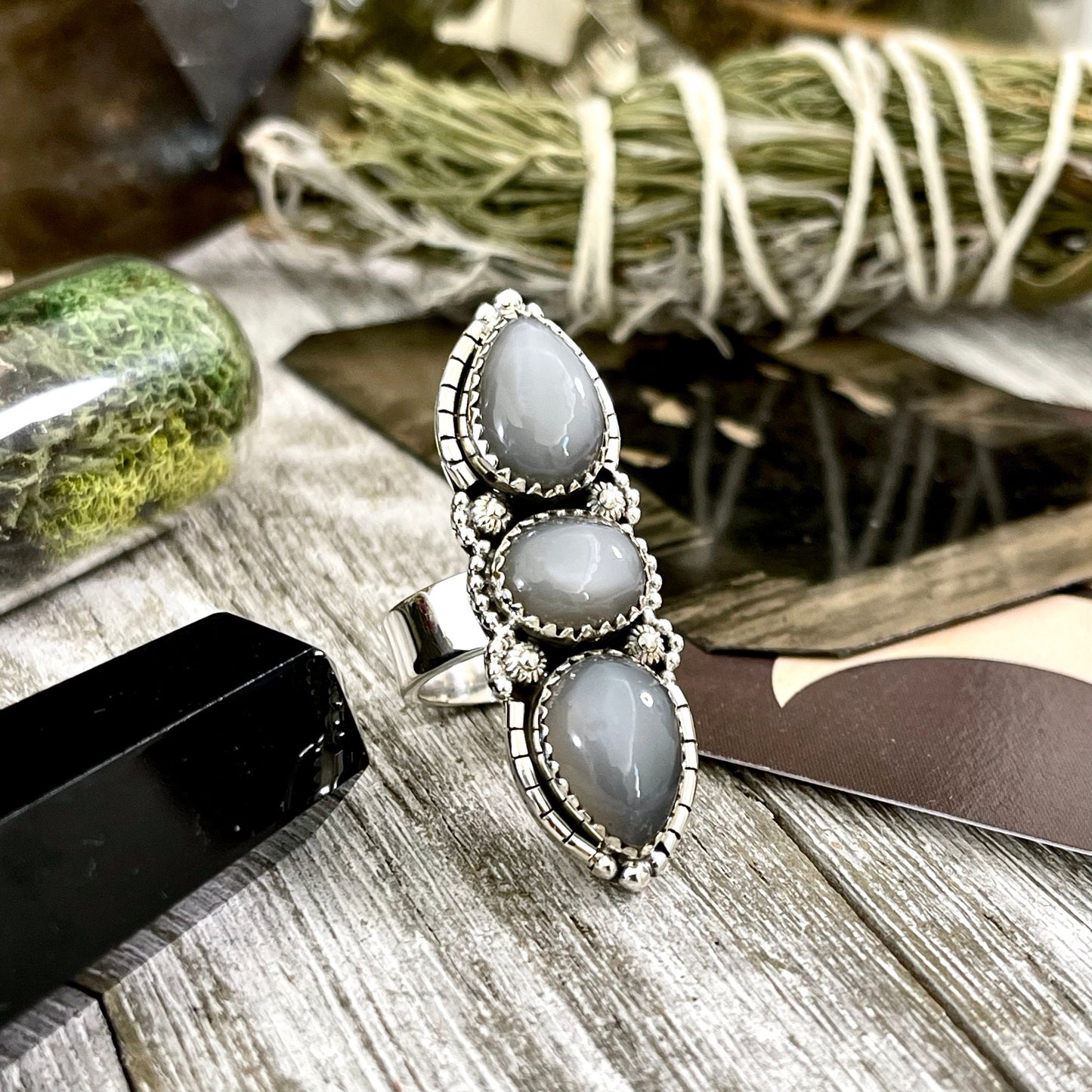 Three Stone Grey Moonstone Ring in Solid Sterling Silver- Designed by FOXLARK Collection Adjustable to Size 6 7 8 9 / Gothic Jewelry.