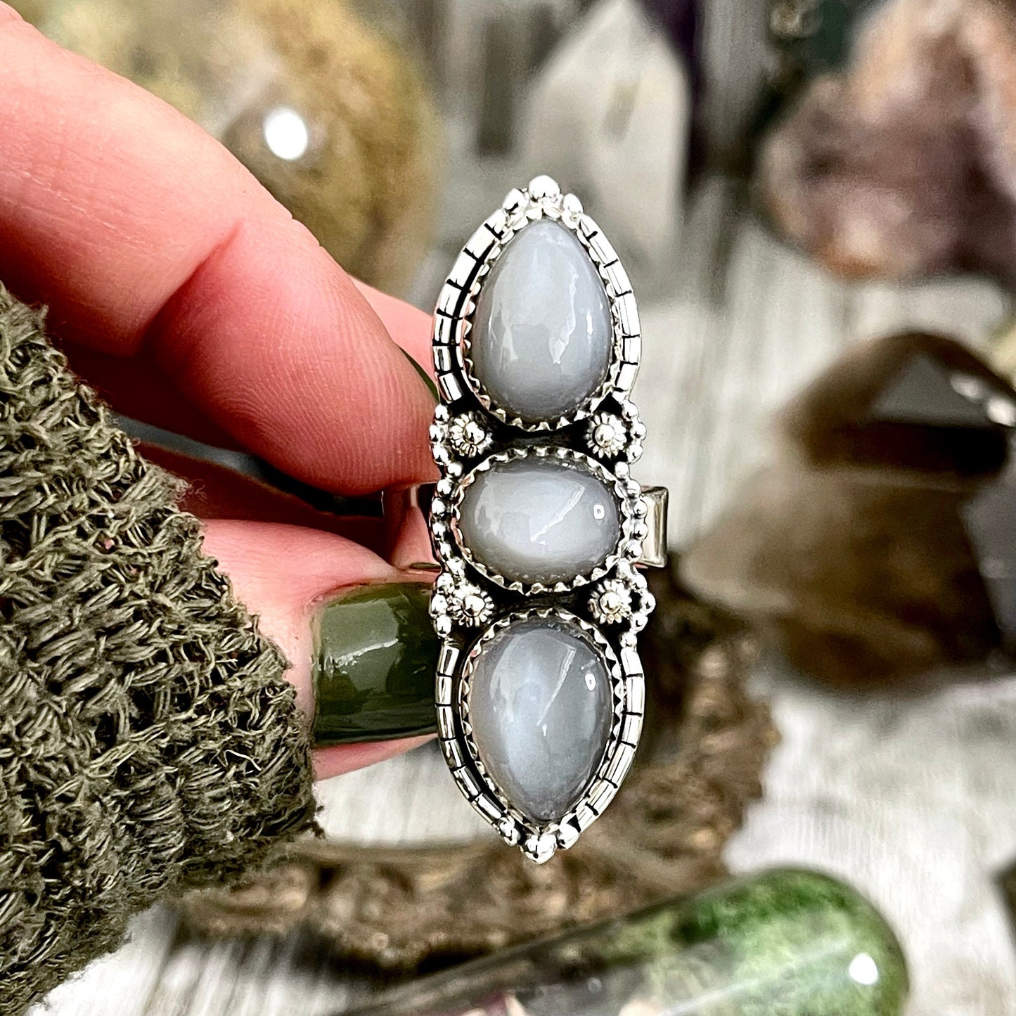 Three Stone Grey Moonstone Ring in Solid Sterling Silver- Designed by FOXLARK Collection Adjustable to Size 6 7 8 9 / Gothic Jewelry.