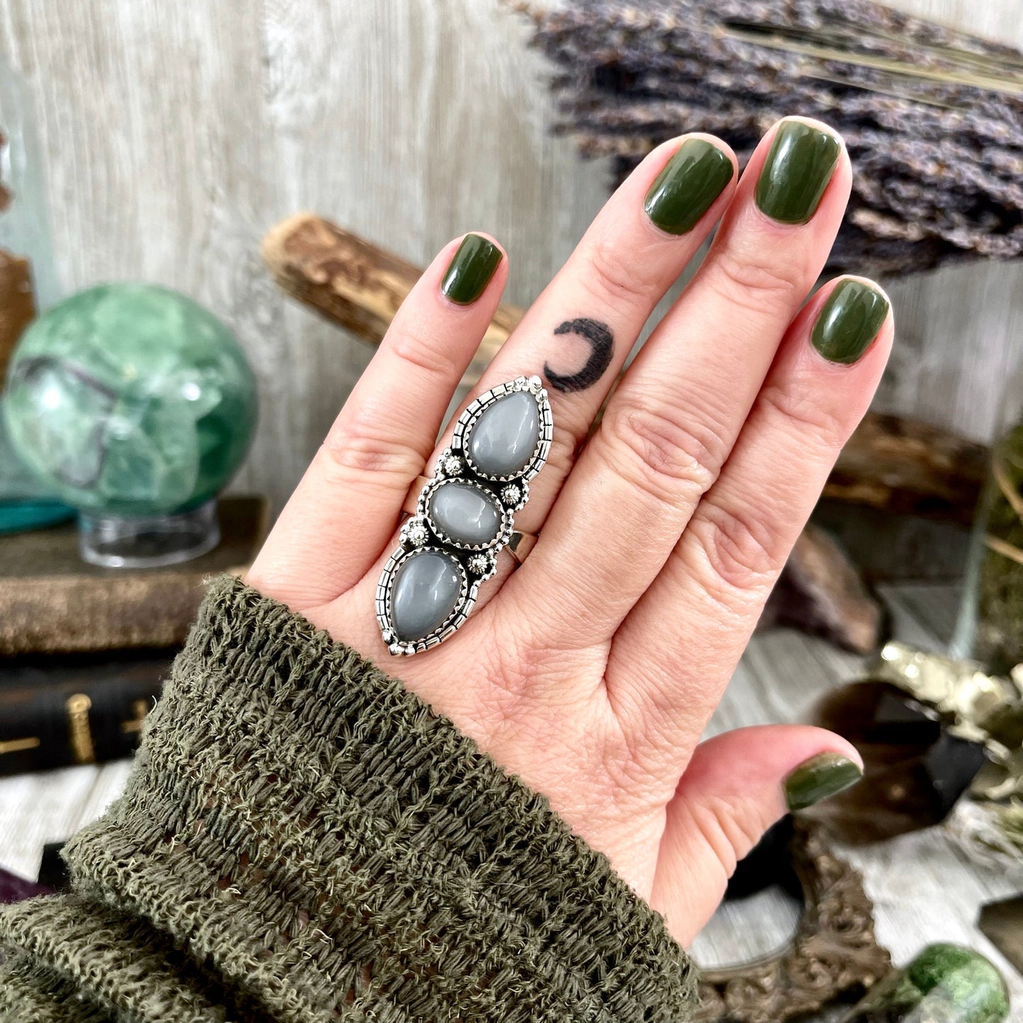 Three Stone Grey Moonstone Ring in Solid Sterling Silver- Designed by FOXLARK Collection Adjustable to Size 6 7 8 9 / Gothic Jewelry.