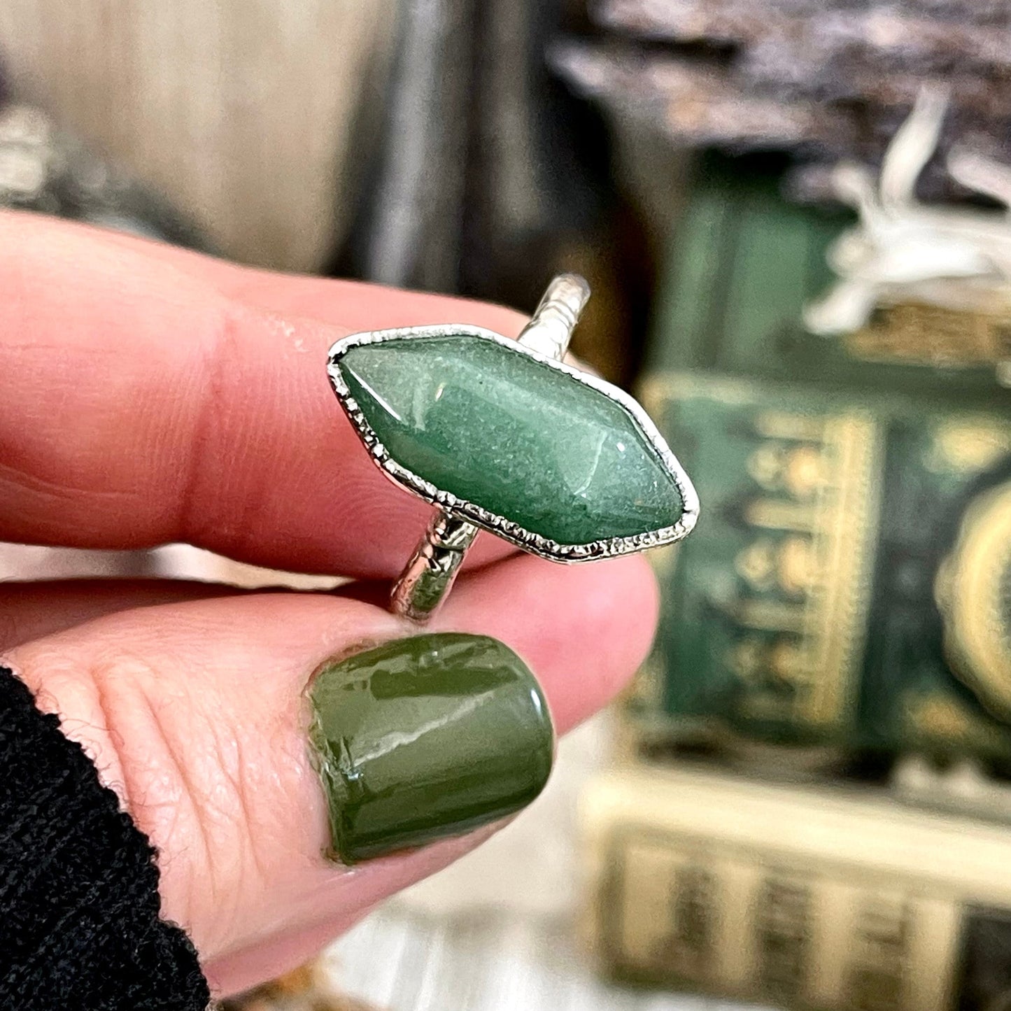 Green Aventurine Point Ring Fine Silver Size 7 8 9 10 Foxlark Collection /