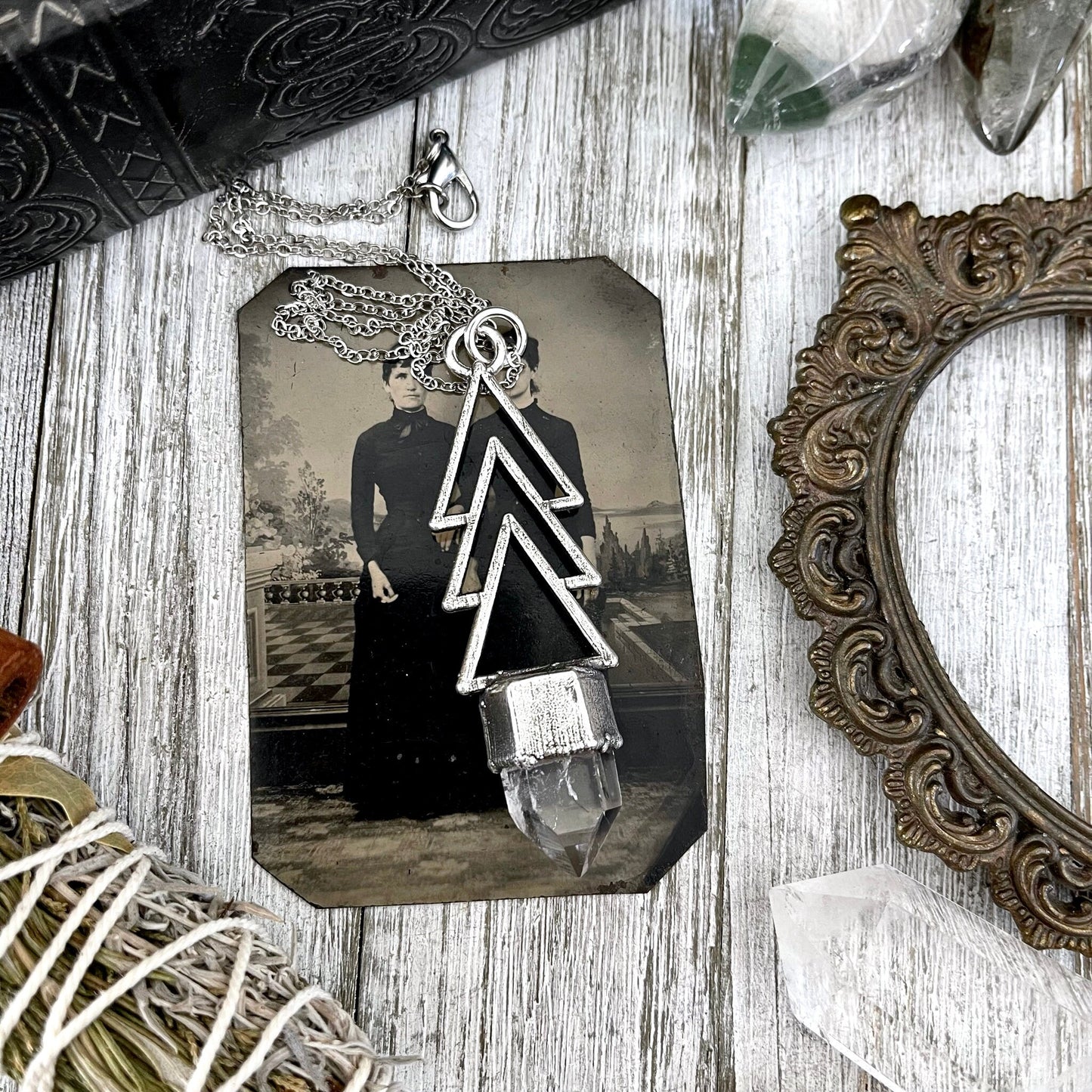 Crystal Necklace - Moss & Moon Collection - Clear Quartz Necklace set in Fine Silver / One of a Kind - by Foxlark / Witchy Goth Jewelry