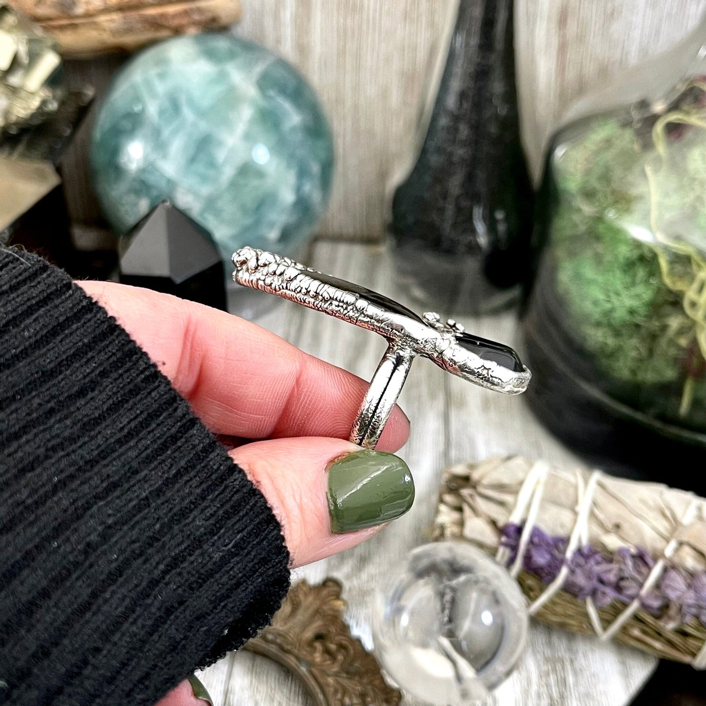 Size 9.5 Two Stone Ring- Golden Sheen Black Onyx Crystal Ring Fine Silver / Foxlark Collection - One of a Kind / Statement Jewelry