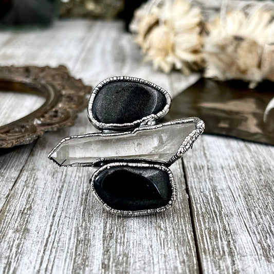 Size 9 Crystal Ring - Three Stone Ring Black Onyx Clear Raw Quartz Ring in Silver / Foxlark Collection - One of a Kind / Big Crystal Jewelry