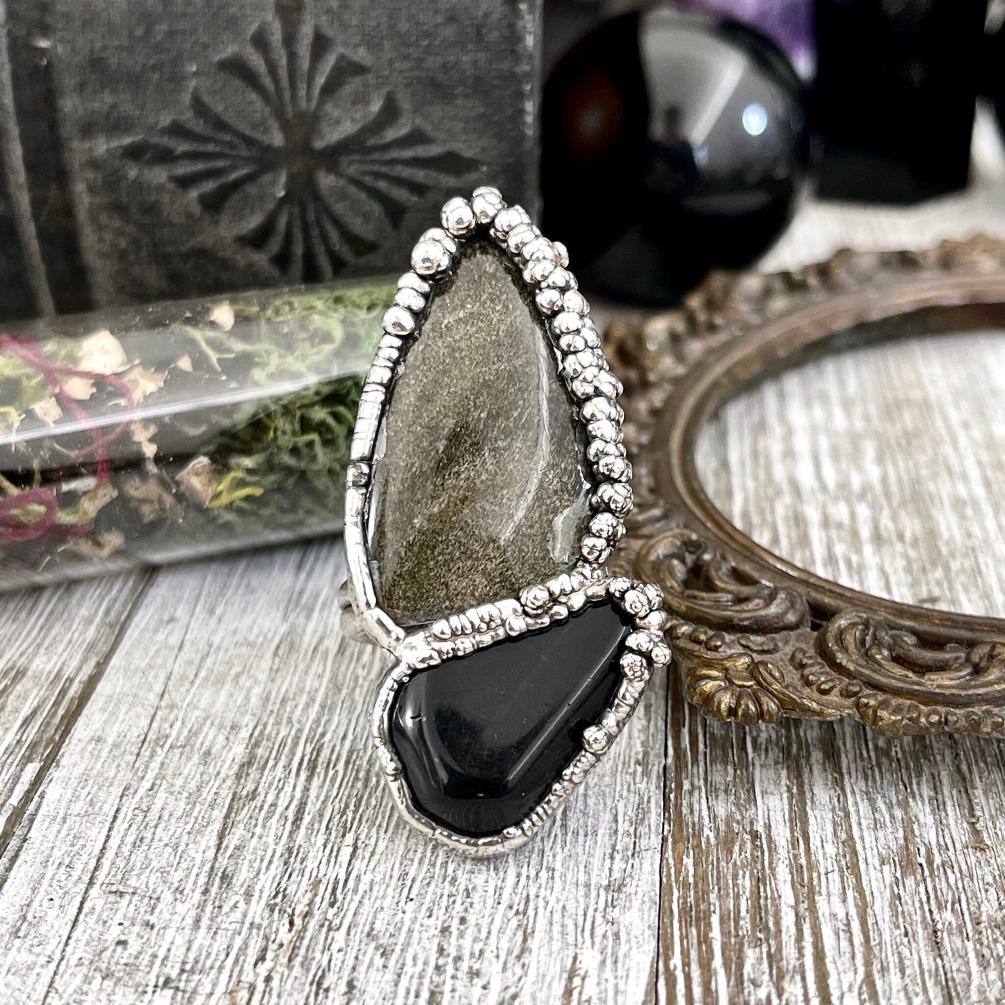 Size 9.5 Two Stone Ring- Golden Sheen Black Onyx Crystal Ring Fine Silver / Foxlark Collection - One of a Kind / Statement Jewelry