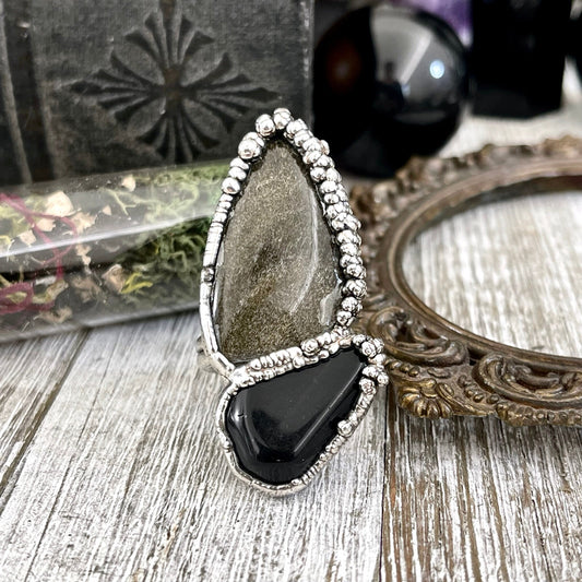 Size 9.5 Two Stone Ring- Golden Sheen Black Onyx Crystal Ring Fine Silver / Foxlark Collection - One of a Kind / Statement Jewelry