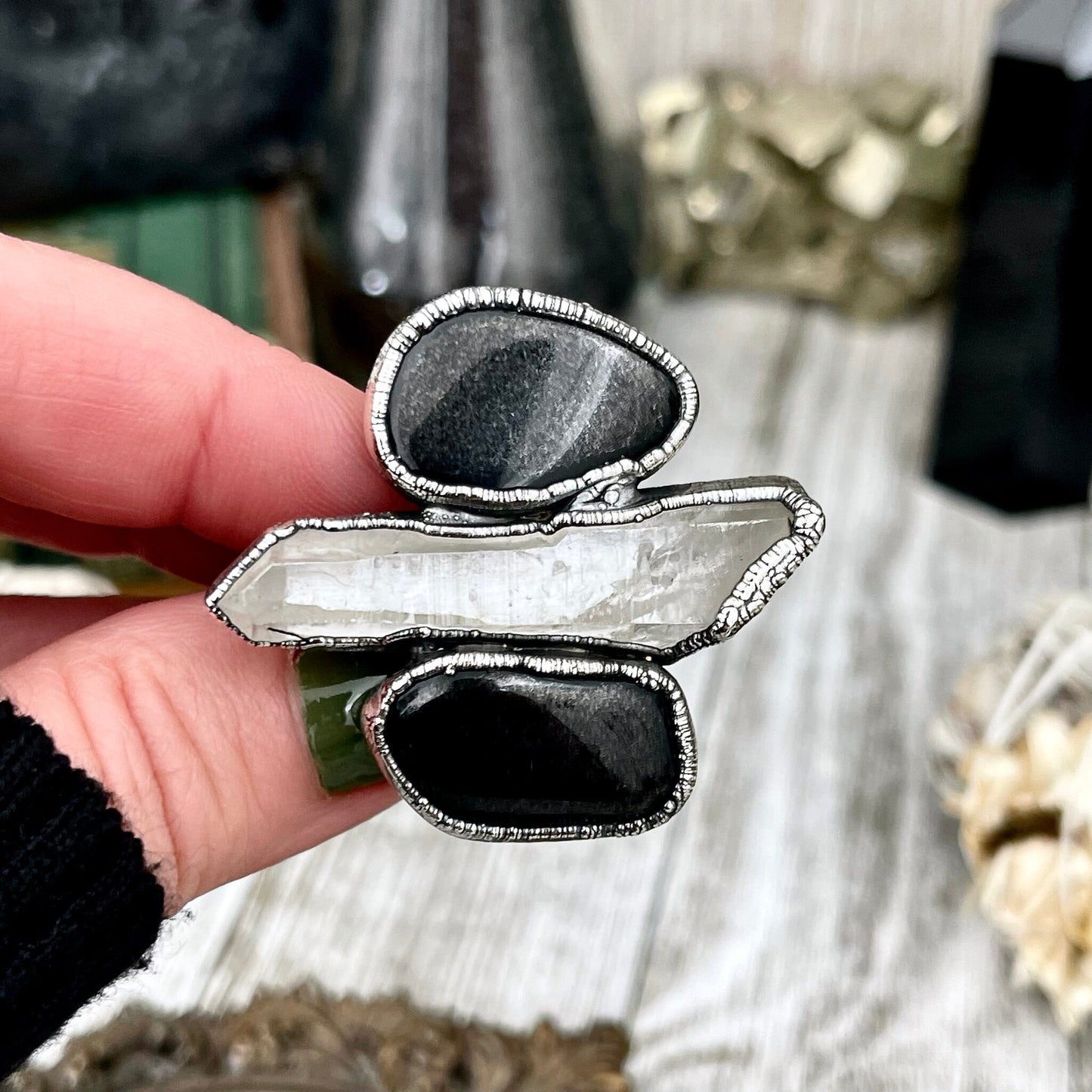 Size 9 Crystal Ring - Three Stone Ring Black Onyx Clear Raw Quartz Ring in Silver / Foxlark Collection - One of a Kind / Big Crystal Jewelry