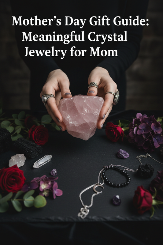 Mother's Day crystal jewelry gift guide featuring amethyst, rose quartz, and citrine pieces from Foxlark