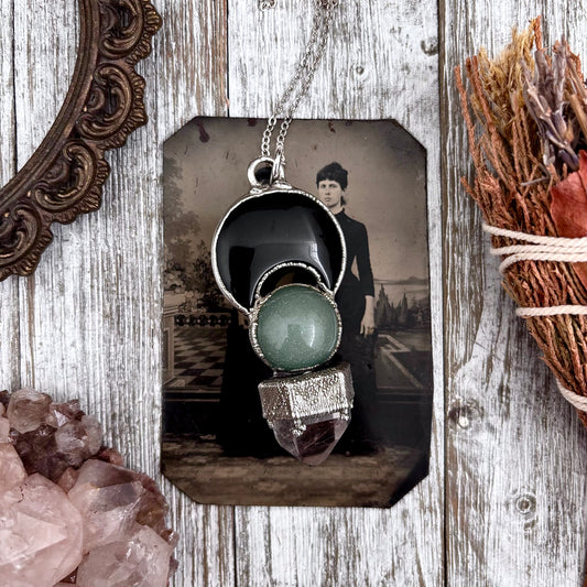 Black Onyx Moon, Green Aventurine Crystal ball, Clear Quartz Necklace in Fine Silver / Foxlark Collection - One of a Kind