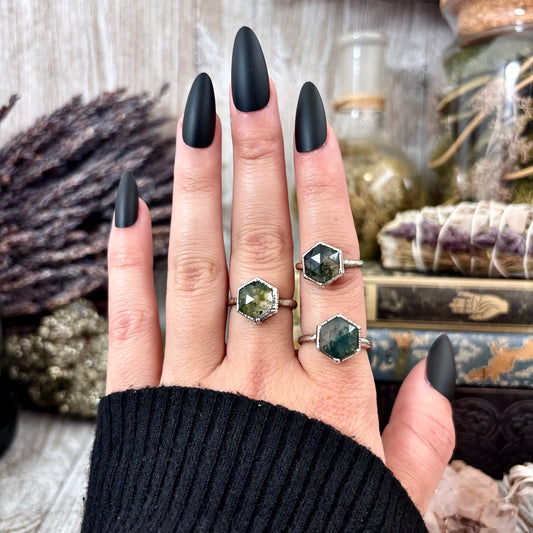 Moss Agate Ring Fine Silver Small Faceted Stone Ring Size 5 6 7 8 9 10 11 / Foxlark Collection