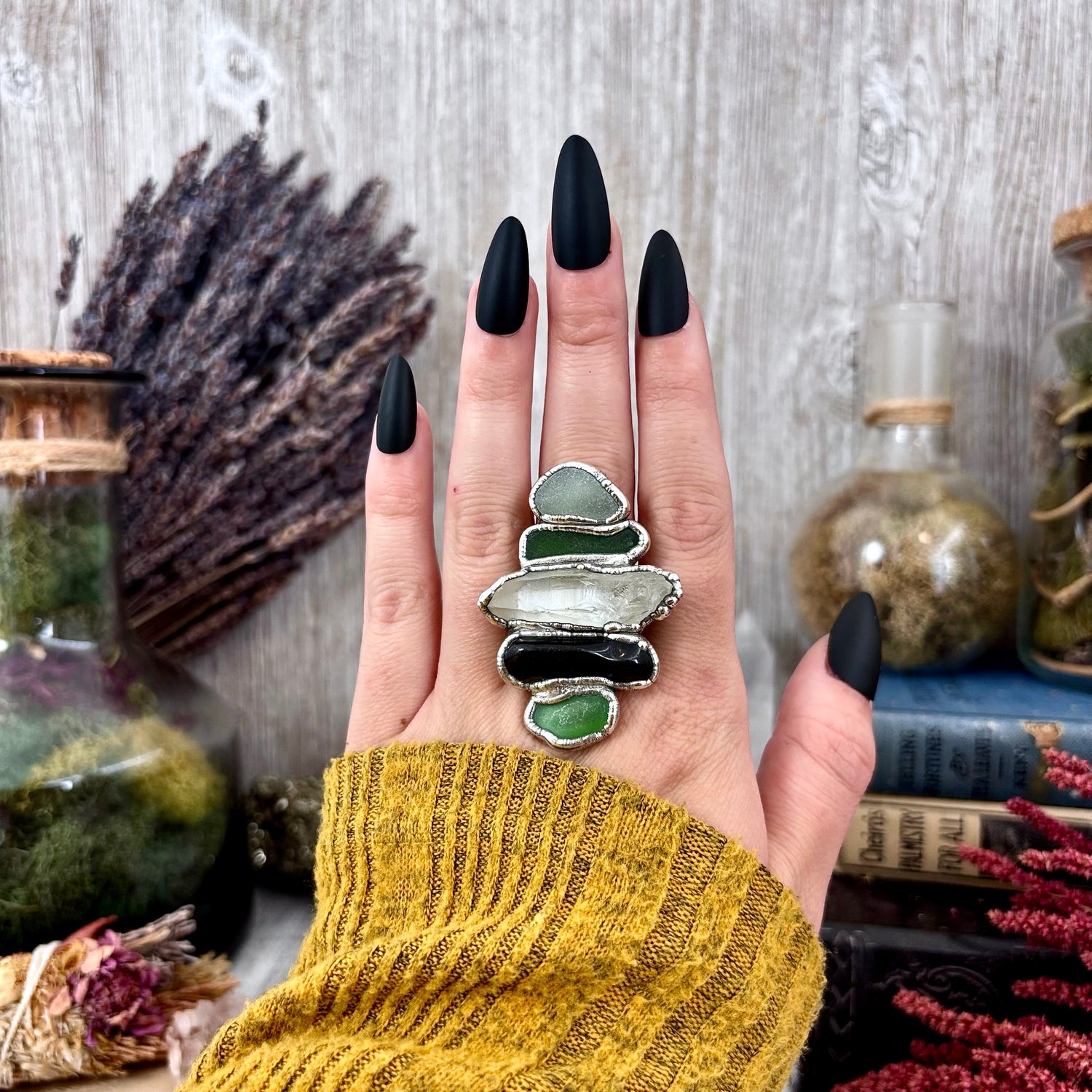 Multi Stone Sea Glass Obsidian Clear Quartz Ring In Silver Size 8/ Foxlark Collection FOXLARK