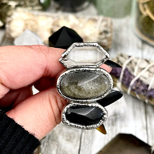 Size 7.5 Crystal Ring - Three Stone Ring Black Onyx Clear Quartz Silver Sheen Obsidian Ring / Foxlark Collection - One of a Kind