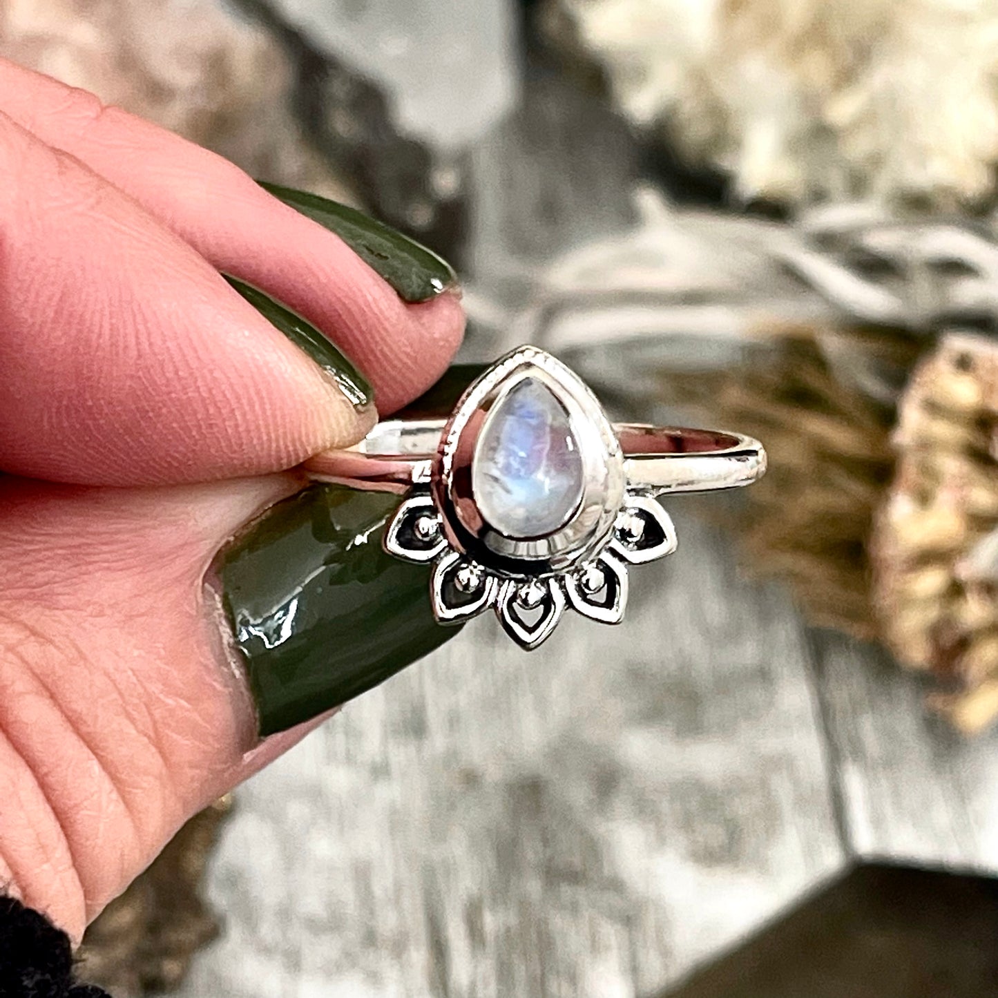 Dainty Teardrop Rainbow Moonstone Ring Set in Sterling Silver / Curated by FOXLARK Collection