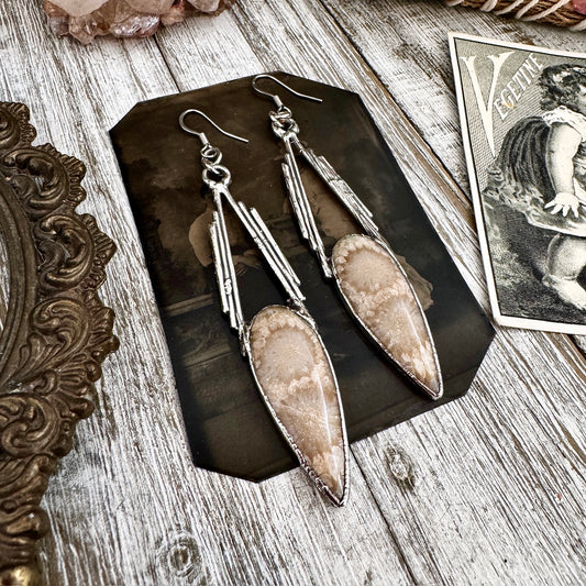 Fossilized Coral Fine Silver Crystal Earrings / Long Dangle Witchy Earrings