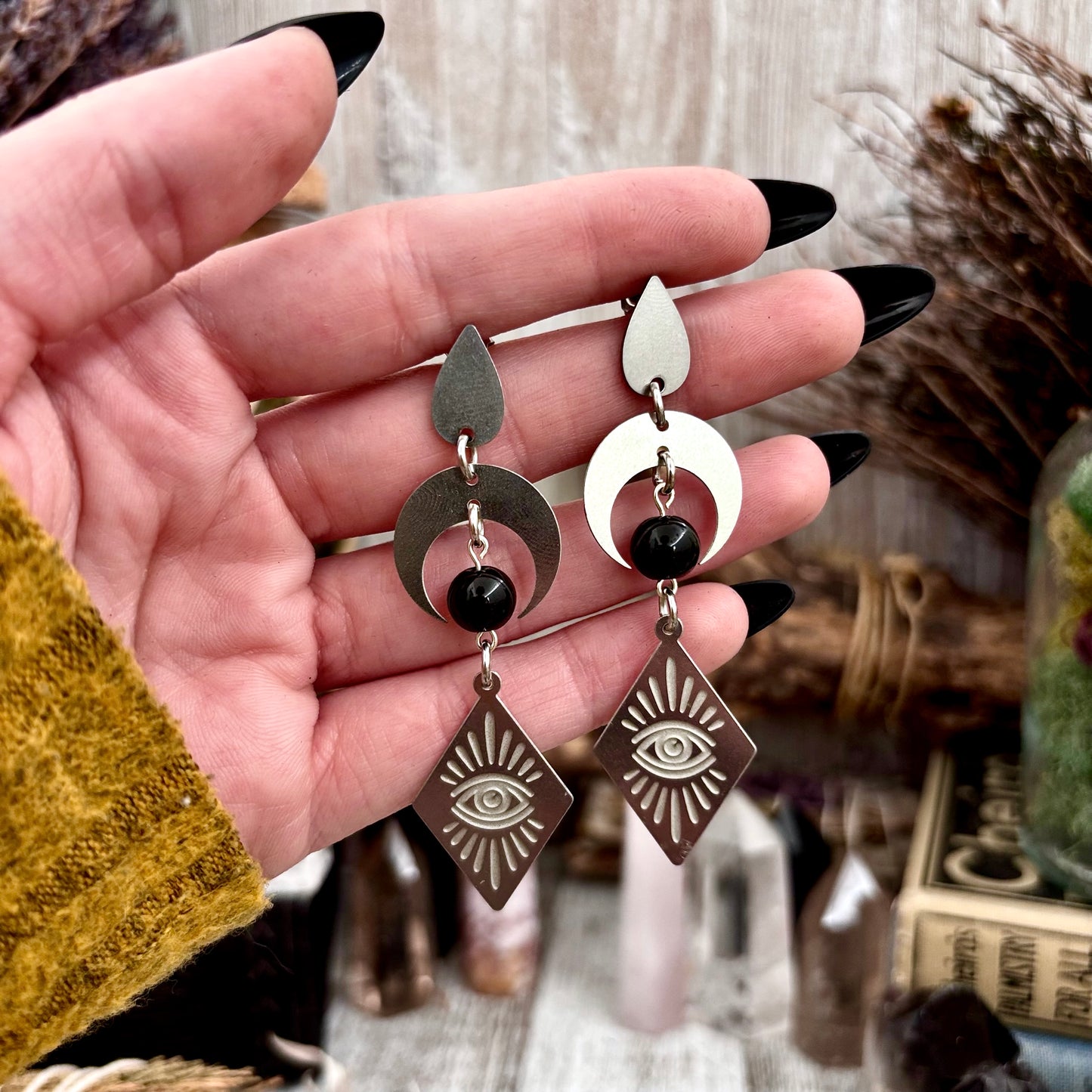 All Seeing Eye Crescent Moon Beaded Earrings Sterling Silver & Stainless Steel Earrings /  Long Dangly Witchy Earrings