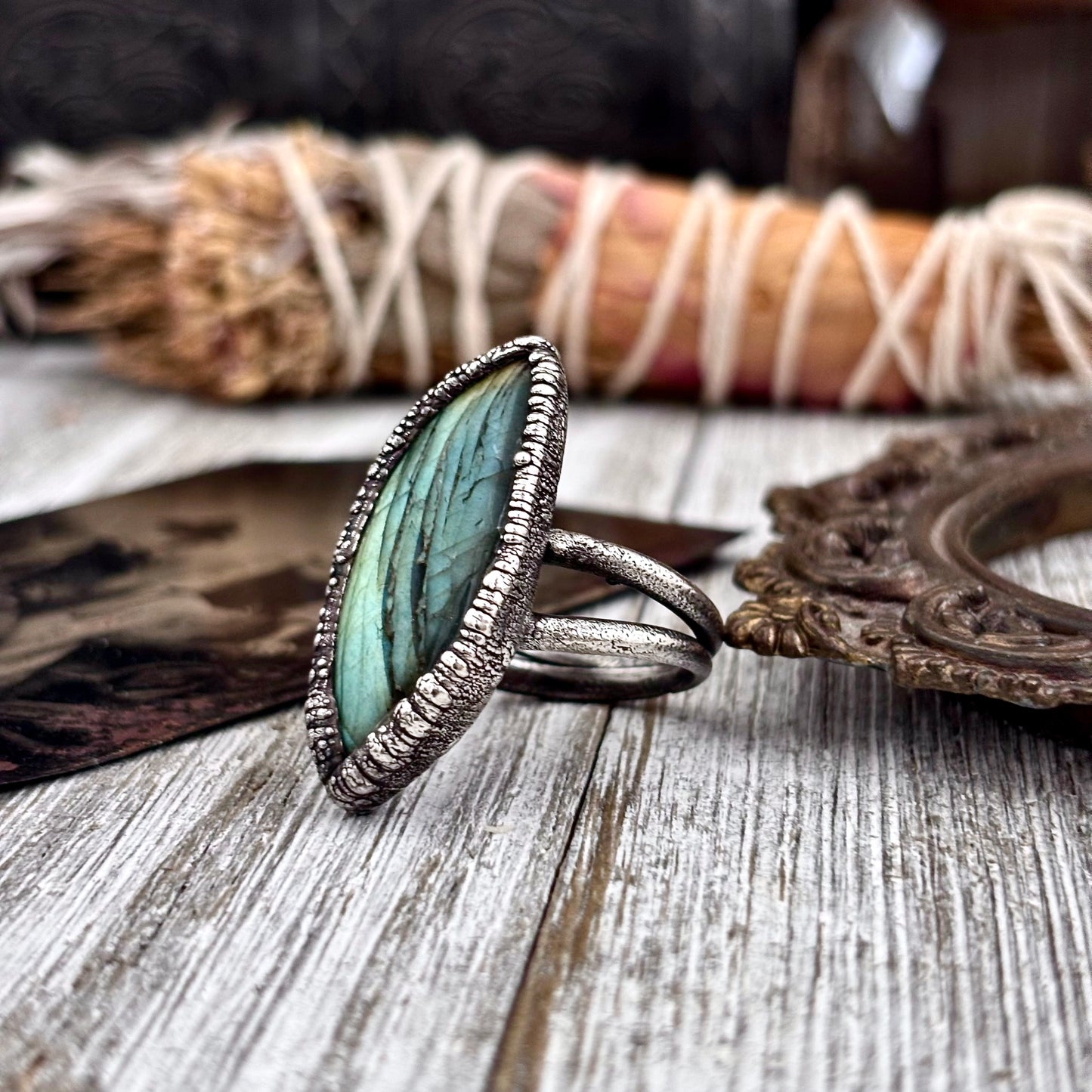 Blue Green Labradorite Ring Silver Size 8 / Foxlark Crystal Jewelry Collection