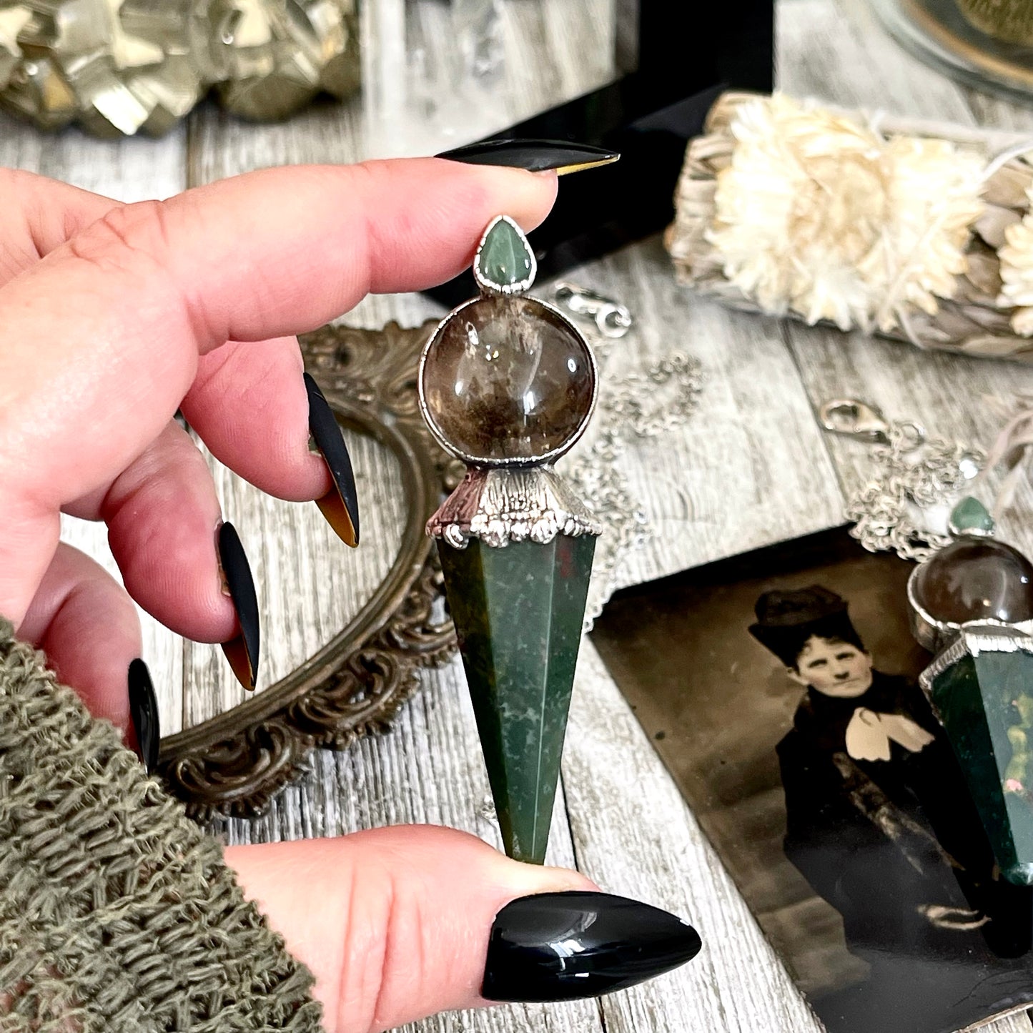 Smokey Quartz Sphere Bloodstone Pendulum Necklace Pendant in Fine Silver  / Foxlark Collection