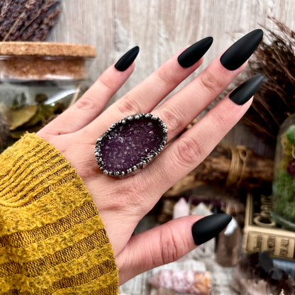 Raw Purple Amethyst Crystal Druzy Geode Ring in Fine Silver Size 7 / Foxlark Collection