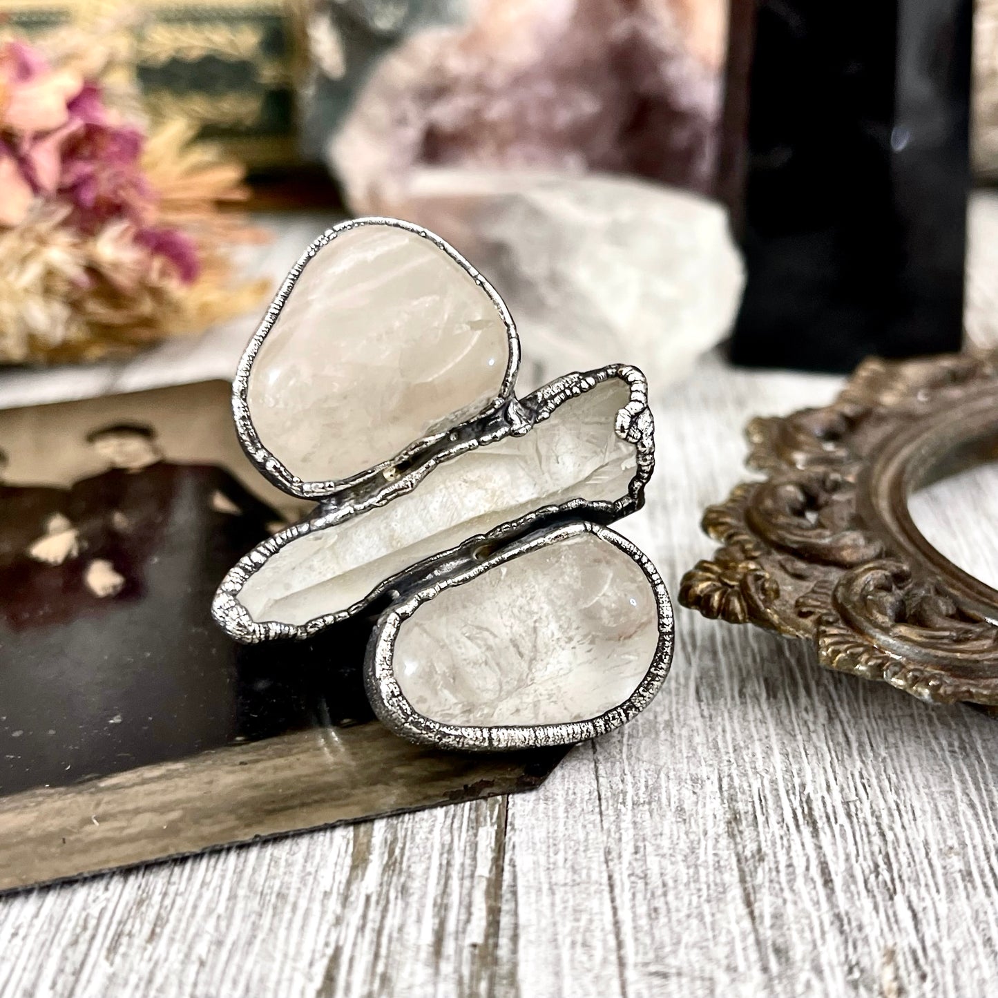 Size 9 Crystal Ring - Three Stone Clear Quartz Ring in Silver / Foxlark Collection - One of a Kind