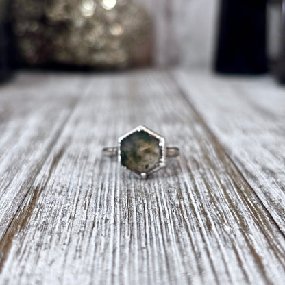Moss Agate Ring Fine Silver Small Faceted Stone Ring Size 5 6 7 8 9 10 11 / Foxlark Collection