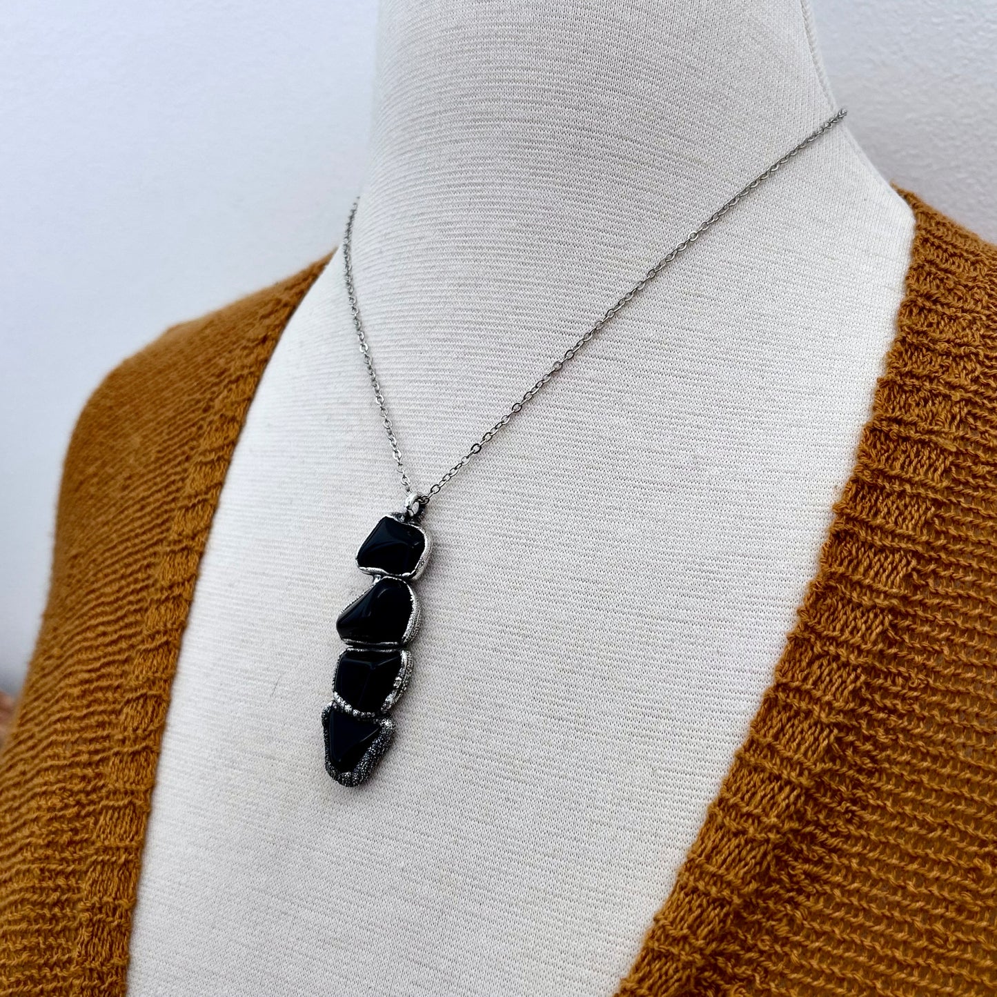 Four Stone Black Onyx Necklace in Fine Silver / Foxlark Collection