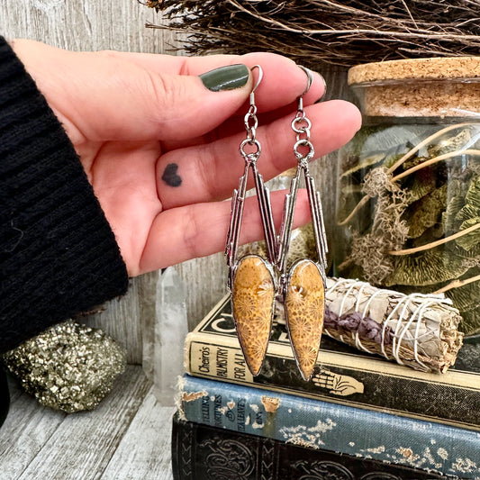 Fossilized Coral Fine Silver Crystal Earrings / Long Dangle Witchy Earrings