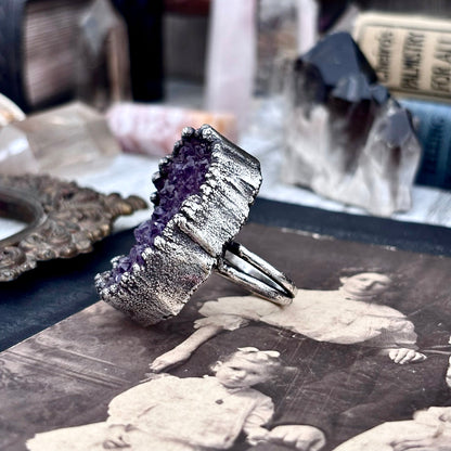 Raw Purple Amethyst Crystal Druzy Geode Ring in Fine Silver Size 7 / Foxlark Collection