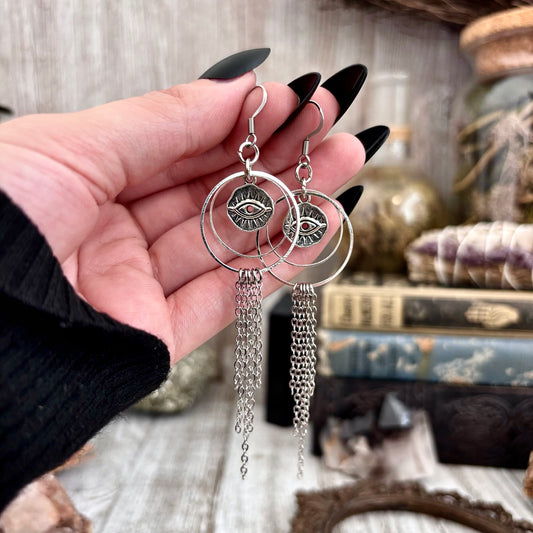 Silver All Seeing Eye Earrings Stainless Steel Hoop and Fringe / Long Dangle Punk Earrings