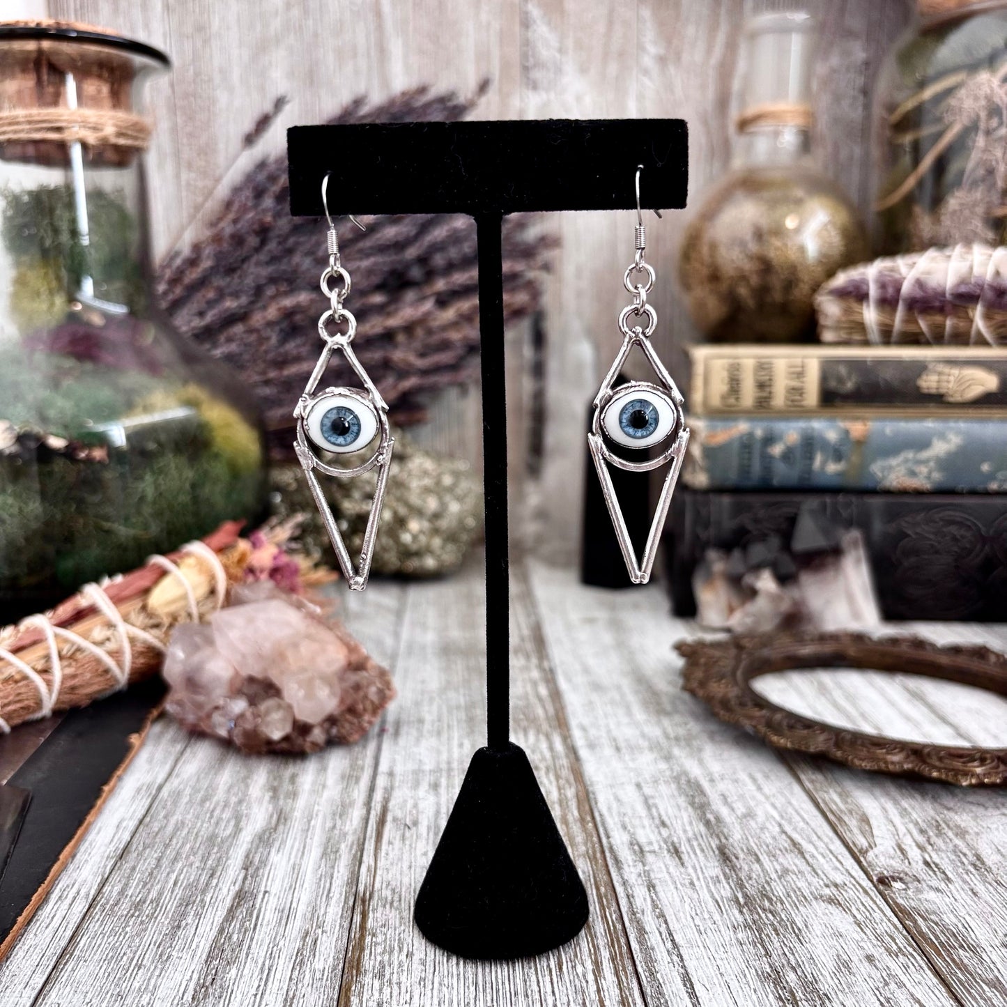 Blue Iris Eyeball Fine Silver Earrings / Long Dangle Witchy Earrings
