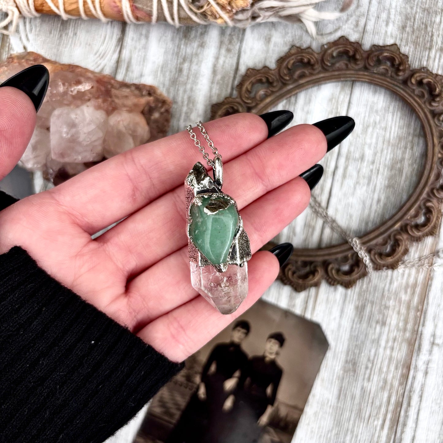 Clear Quartz & Aventurine Crystal Statement Necklace in Fine Silver / Foxlark Collection - One of a Kind