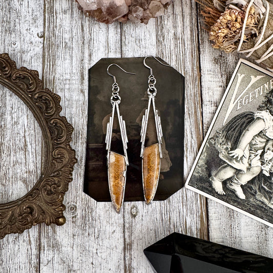 Fossilized Coral Fine Silver Crystal Earrings / Long Dangle Witchy Earrings