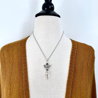 Tiny Talisman Collection - Sterling Silver Geometric Moth Necklace with Clear Quartz