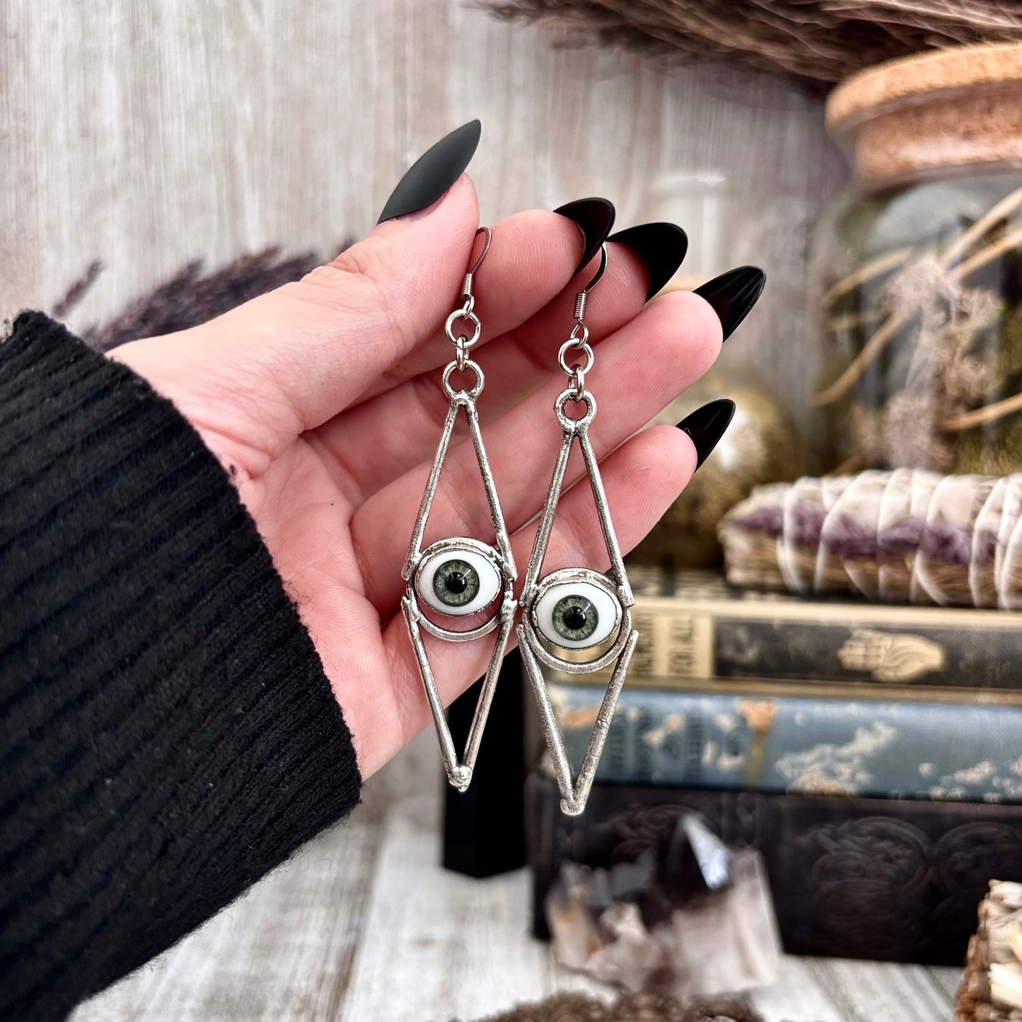 Green Iris Eyeball Fine Silver Earrings / Long Dangle Witchy Earrings