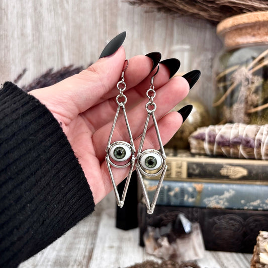 Green Iris Eyeball Fine Silver Earrings / Long Dangle Witchy Earrings
