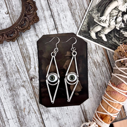 Green Iris Eyeball Fine Silver Earrings / Long Dangle Witchy Earrings