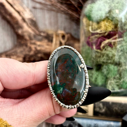 Bloodstone Crystal Statement Ring Size 9 Fine Silver / Foxlark Collection