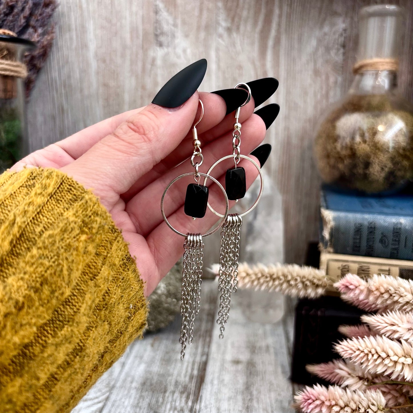 Black Onyx Hoop Fringe Earrings / Long Dangle Witchy Earrings