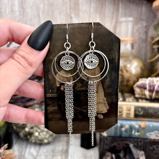 Silver All Seeing Eye Earrings Stainless Steel Hoop and Fringe / Long Dangle Punk Earrings